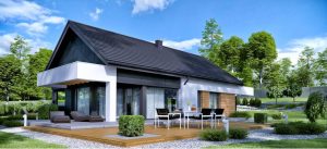 Randare arhitecturală 1 — Proiect casă parter cu 3 dormitoare și living deschis