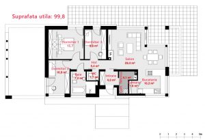 Randare arhitecturală 12 — Proiect casă parter cu 3 dormitoare și living deschis