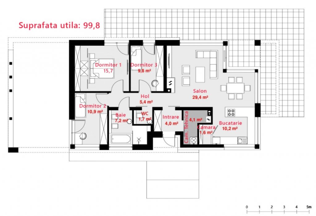 Planșă arhitecturală 1 — Proiect casă parter cu 3 dormitoare și living deschis