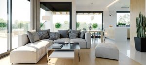 Randare arhitecturală 6 — Proiect casă parter cu 3 dormitoare și living deschis