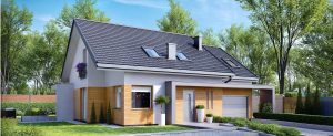 Randare arhitecturală 1 — Proiect casă pe două niveluri, cu 3 dormitoare și garaj