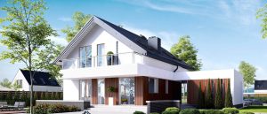 Randare arhitecturală 1 — Proiect casă pe două niveluri, cu 3 dormitoare și balcon