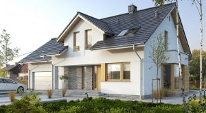 Randare arhitecturală 1 — Proiect casă cu etaj, 3 dormitoare și garaj pentru 2 mașini