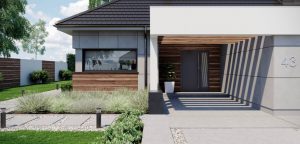 Randare arhitecturală 3 — Proiect casă parter cu 3 dormitoare și garaj pentru 2 mașini