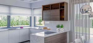 Randare arhitecturală 7 — Proiect casă parter cu 3 dormitoare și terasă pe două laturi