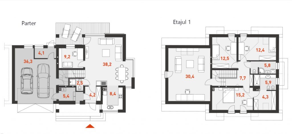 Planșă arhitecturală 1 — Proiect casă cu etaj, 3 dormitoare și garaj pentru 2 mașini
