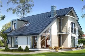 Randare arhitecturală 11 — Proiect casă cu etaj, 3 dormitoare, birou și balcoane