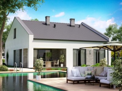 Randare arhitecturală 1 — Proiect casă parter cu 3 dormitoare și terasă retrasă