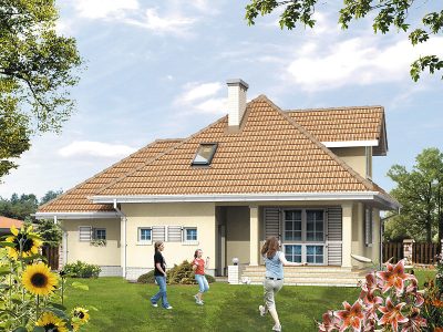 Proiect 21 — randare a casei: casă clasică cu etaj, 3 dormitoare și garaj