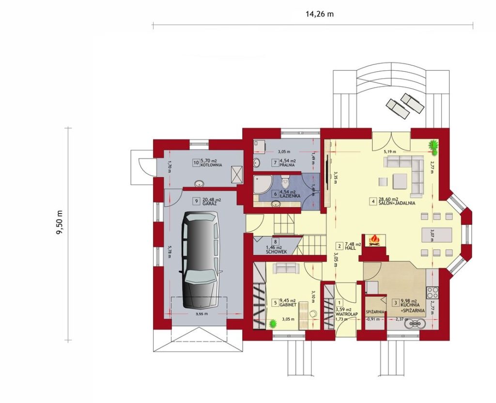 Proiect 22 — plan parter: casă clasică cu etaj, 3 dormitoare, balcon și garaj