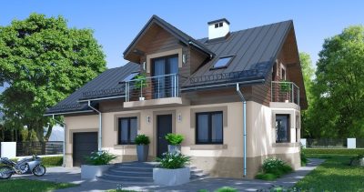 Proiect 22 — randare a casei: casă clasică cu etaj, 3 dormitoare, balcon și garaj