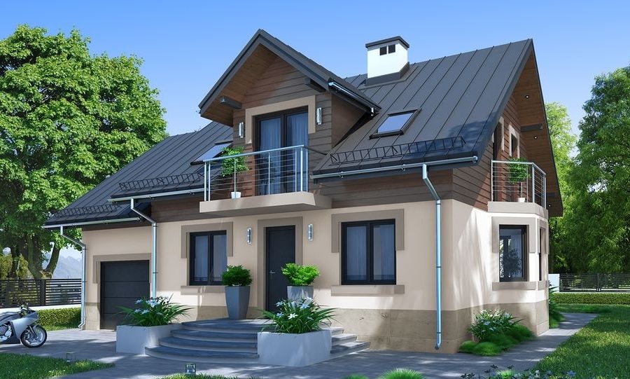Proiect 22 — randare a casei: casă clasică cu etaj, 3 dormitoare, balcon și garaj