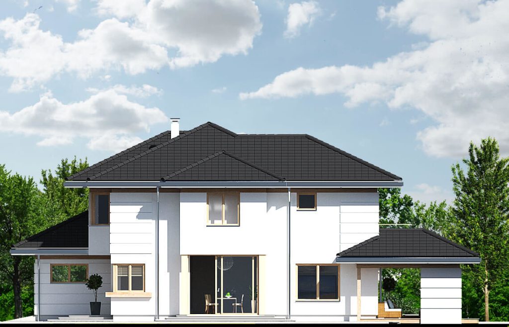 Proiect 23 — fațade: casă clasică cu etaj, garaj dublu, balcon și 4 dormitoare