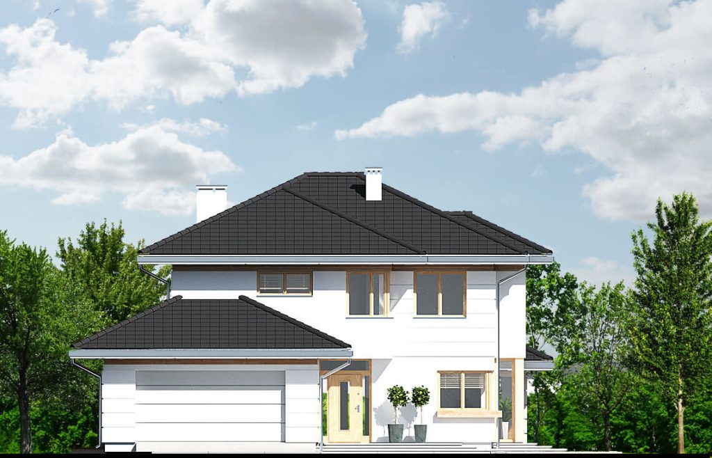 Proiect 23 — fațade: casă clasică cu etaj, garaj dublu, balcon și 4 dormitoare