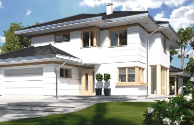 Proiect 23 — randare a casei: casă clasică cu etaj, garaj dublu, balcon și 4 dormitoare