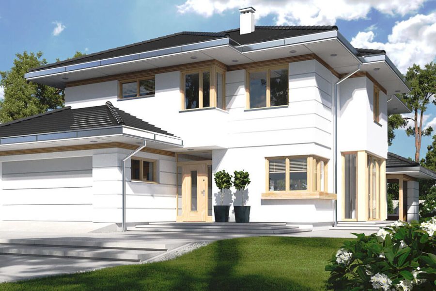 Proiect 23 — randare a casei: casă clasică cu etaj, garaj dublu, balcon și 4 dormitoare