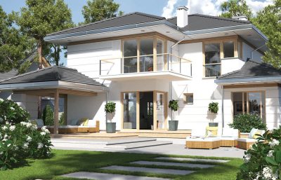 Proiect 23 — randare a casei: casă clasică cu etaj, garaj dublu, balcon și 4 dormitoare
