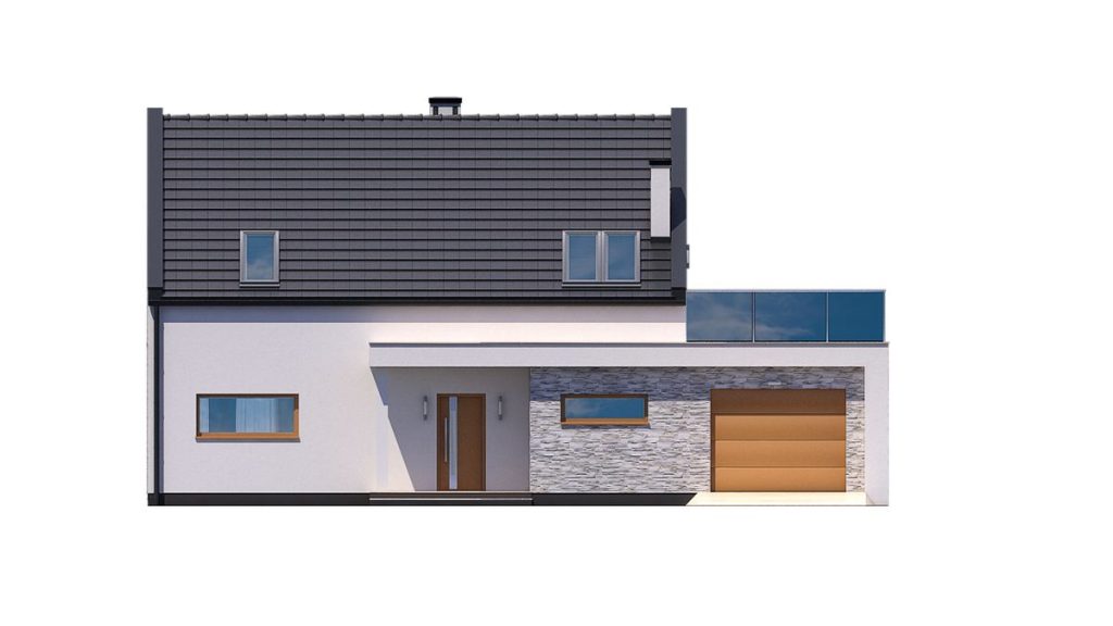 Proiect 24 — fațade: casă modernă cu etaj, 3 dormitoare, balcon și garaj