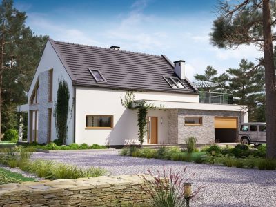 Proiect 24 — randare a casei: casă modernă cu etaj, 3 dormitoare, balcon și garaj