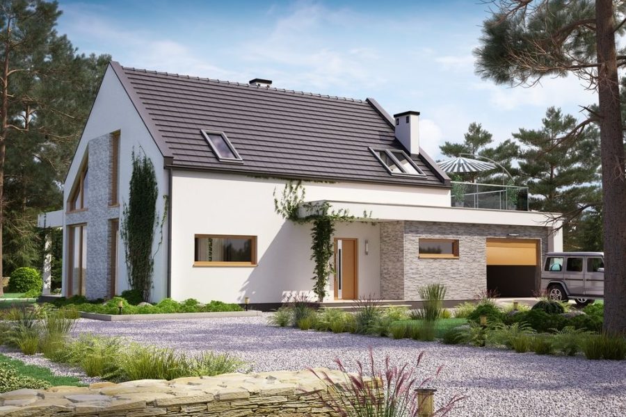 Proiect 24 — randare a casei: casă modernă cu etaj, 3 dormitoare, balcon și garaj