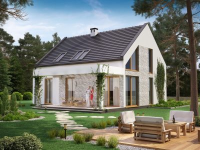 Proiect 24 — randare a casei: casă modernă cu etaj, 3 dormitoare, balcon și garaj