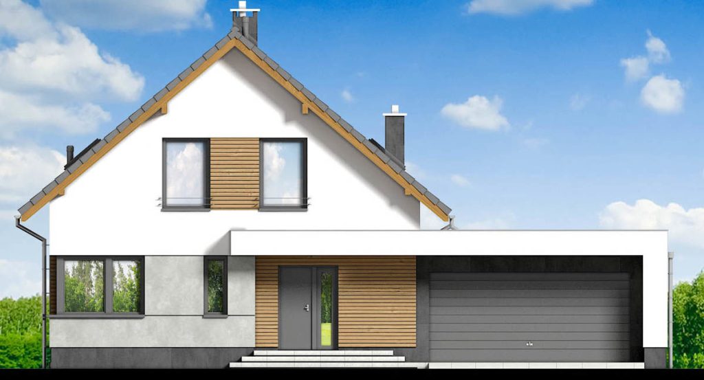 Proiect 25 — fațade: casă modernă cu etaj, 3 dormitoare, balcon și garaj dublu