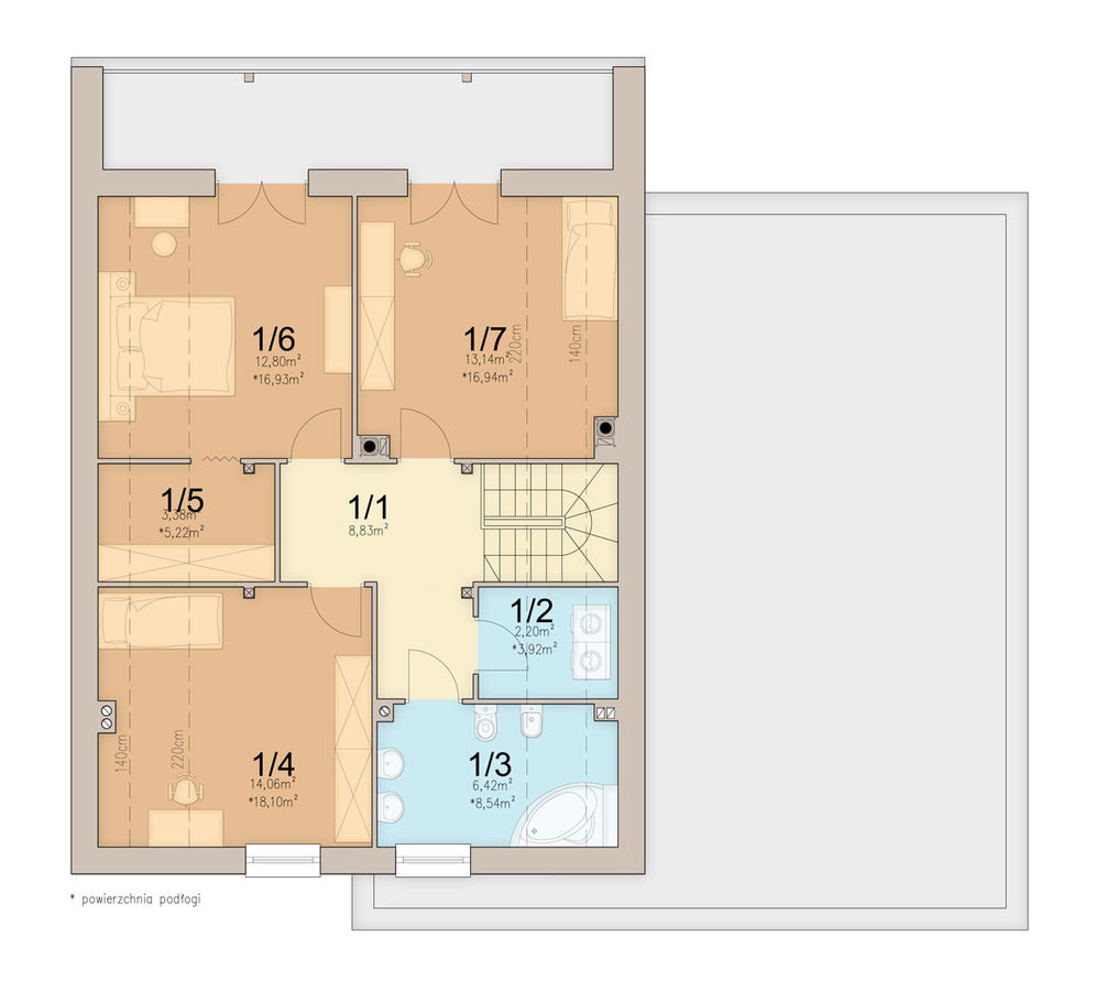 Proiect 25 — plan etaj: casă modernă cu etaj, 3 dormitoare, balcon și garaj dublu