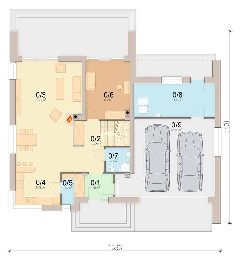 Proiect 25 — plan parter: casă modernă cu etaj, 3 dormitoare, balcon și garaj dublu