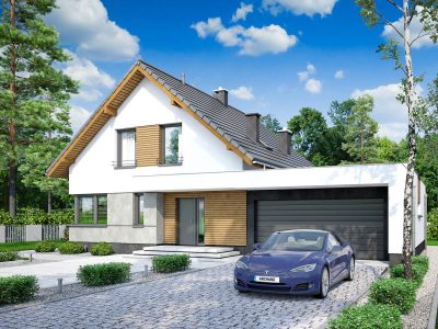 Proiect 25 — randare a casei: casă modernă cu etaj, 3 dormitoare, balcon și garaj dublu