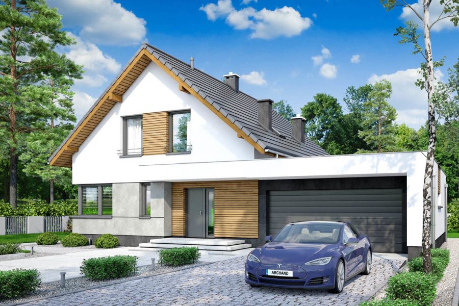 Proiect 25 — randare a casei: casă modernă cu etaj, 3 dormitoare, balcon și garaj dublu