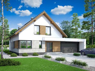 Proiect 25 — randare a casei: casă modernă cu etaj, 3 dormitoare, balcon și garaj dublu
