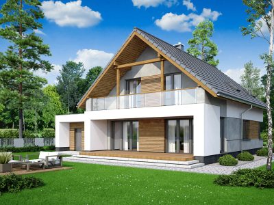 Proiect 25 — randare a casei: casă modernă cu etaj, 3 dormitoare, balcon și garaj dublu