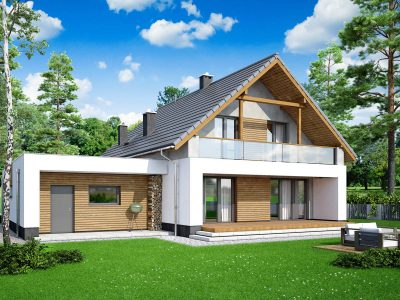 Proiect 25 — randare a casei: casă modernă cu etaj, 3 dormitoare, balcon și garaj dublu