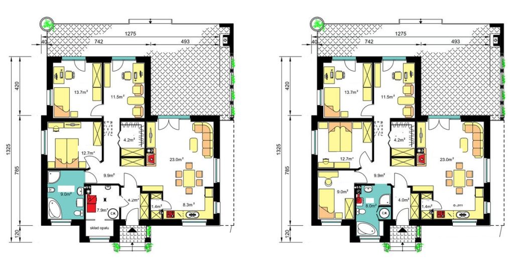 Proiect 26 — plan parter: casă modernă cu etaj, 3 dormitoare, living open-space și terasă