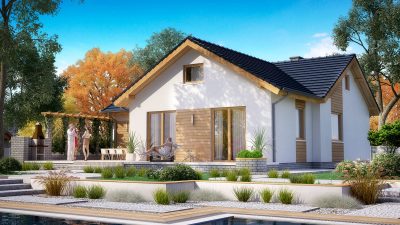 Proiect 26 — randare a casei: casă modernă cu etaj, 3 dormitoare, living open-space și terasă