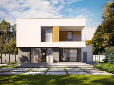 Proiect 27 — randare a casei: casă modernă cu etaj, 3 dormitoare, terasă și garaj