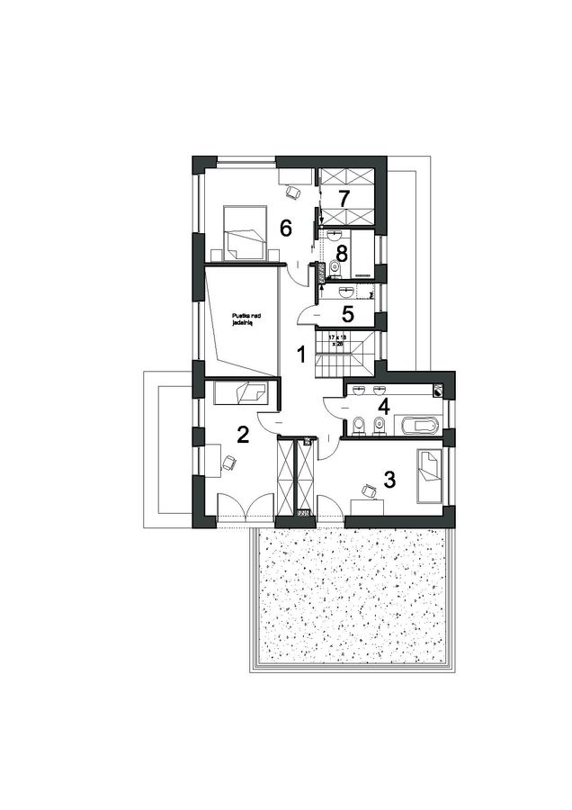 Proiect 28 — plan etaj: casă modernă cu etaj, 3 dormitoare, terasă și garaj dublu