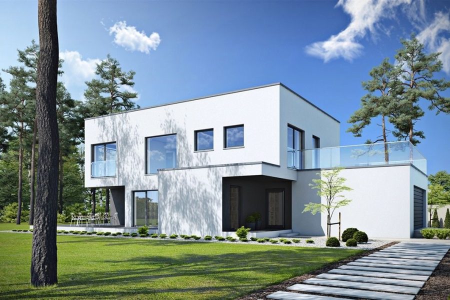 Proiect 28 — randare a casei: casă modernă cu etaj, 3 dormitoare, terasă și garaj dublu