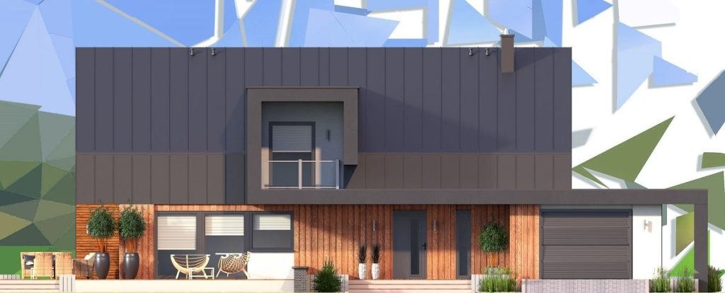 Proiect 29 — fațade: casă modernă cu etaj, 4 dormitoare, balcon și garaj
