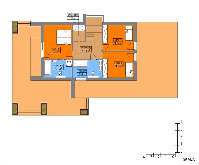 Proiect 29 — plan etaj: casă modernă cu etaj, 4 dormitoare, balcon și garaj