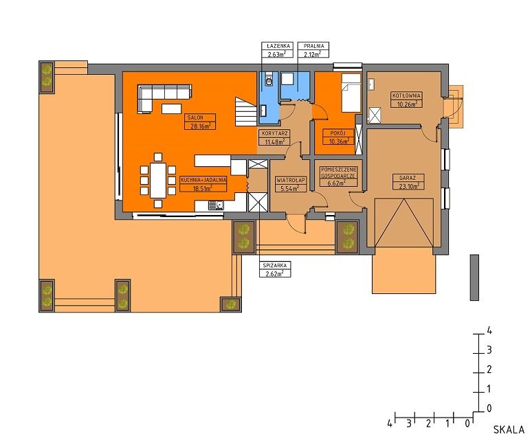 Proiect 29 — plan parter: casă modernă cu etaj, 4 dormitoare, balcon și garaj