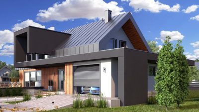 Proiect 29 — randare a casei: casă modernă cu etaj, 4 dormitoare, balcon și garaj