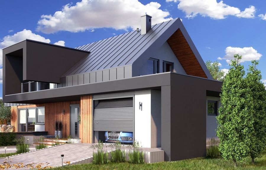Proiect 29 — randare a casei: casă modernă cu etaj, 4 dormitoare, balcon și garaj