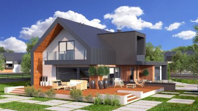 Proiect 29 — randare a casei: casă modernă cu etaj, 4 dormitoare, balcon și garaj