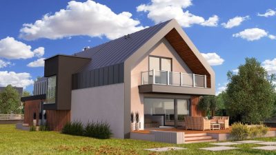 Proiect 29 — randare a casei: casă modernă cu etaj, 4 dormitoare, balcon și garaj