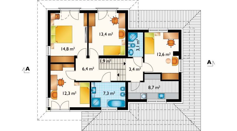 Proiect 30 — plan etaj: casă modernă cu etaj, 4 dormitoare, balcon și garaj dublu