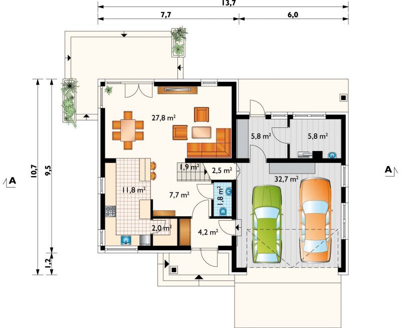 Proiect 30 — plan parter: casă modernă cu etaj, 4 dormitoare, balcon și garaj dublu