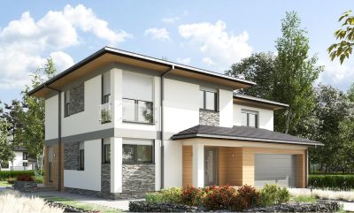 Proiect 30 — randare a casei: casă modernă cu etaj, 4 dormitoare, balcon și garaj dublu