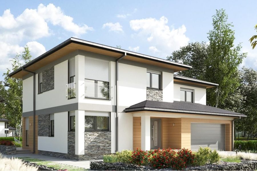 Proiect 30 — randare a casei: casă modernă cu etaj, 4 dormitoare, balcon și garaj dublu