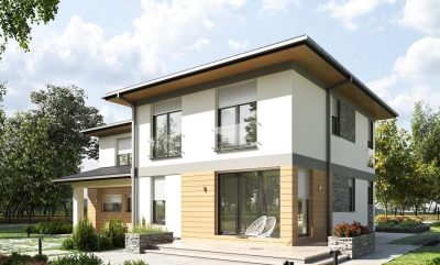 Proiect 30 — randare a casei: casă modernă cu etaj, 4 dormitoare, balcon și garaj dublu